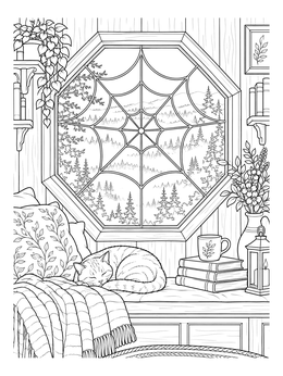 A sleeping cat on a cozy window seat in this detailed window coloring page.