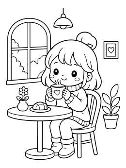 A cute chibi coloring page of a girl enjoying a warm drink at a cafe table.