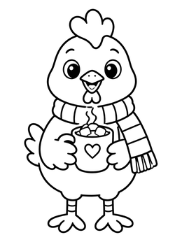 A cute chicken coloring page featuring a chick in a scarf holding hot cocoa.