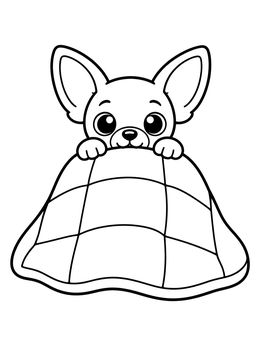 A cute chihuahua coloring page featuring a small pup tucked under a cozy quilt.