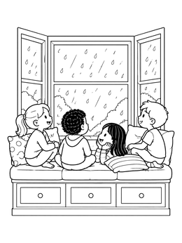 Free printable Children On Bay Window Bench In Rain coloring page