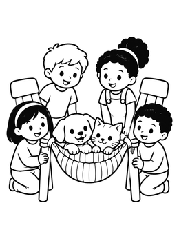 Children admiring a puppy and kitten in a cozy coloring page.
