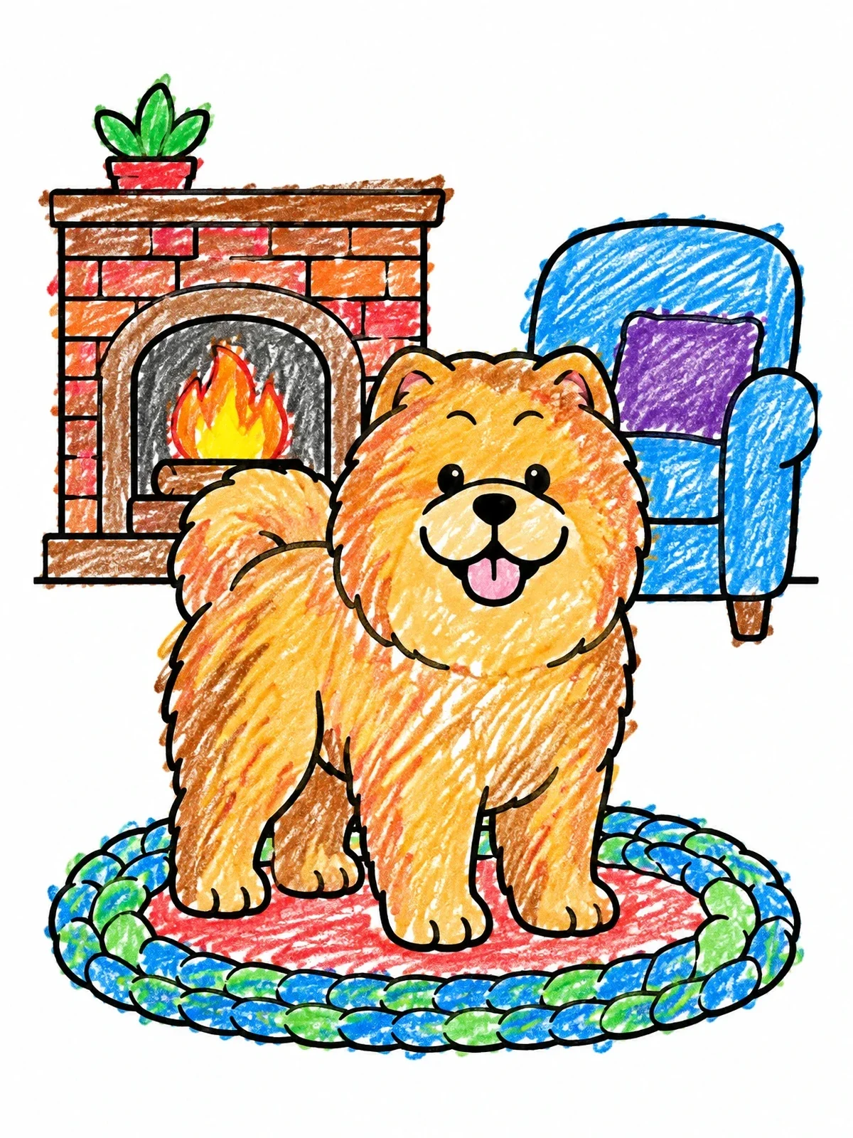 Colored example of the Cozy Chow Chow By The Fireplace coloring page