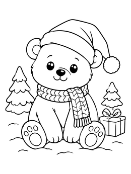Free printable Cozy Christmas Bear In Santa Hat coloring page