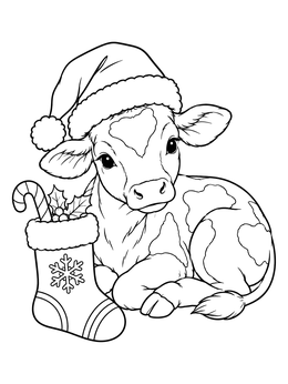 A sweet christmas cow coloring page featuring a calf in a Santa hat resting beside a holiday stocking.