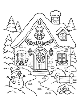 Free printable Cozy Christmas Cottage With Snowman coloring page
