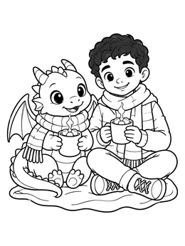 Free printable Cozy Dragon And Boy Drinking Cocoa coloring page