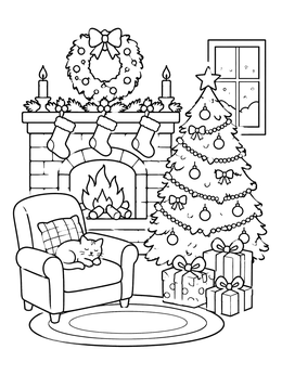 Free printable Cozy Christmas Living Room With Fireplace coloring page