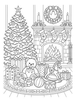 Toys and wrapped gifts sit on a rug in this festive christmas fireplace coloring page.
