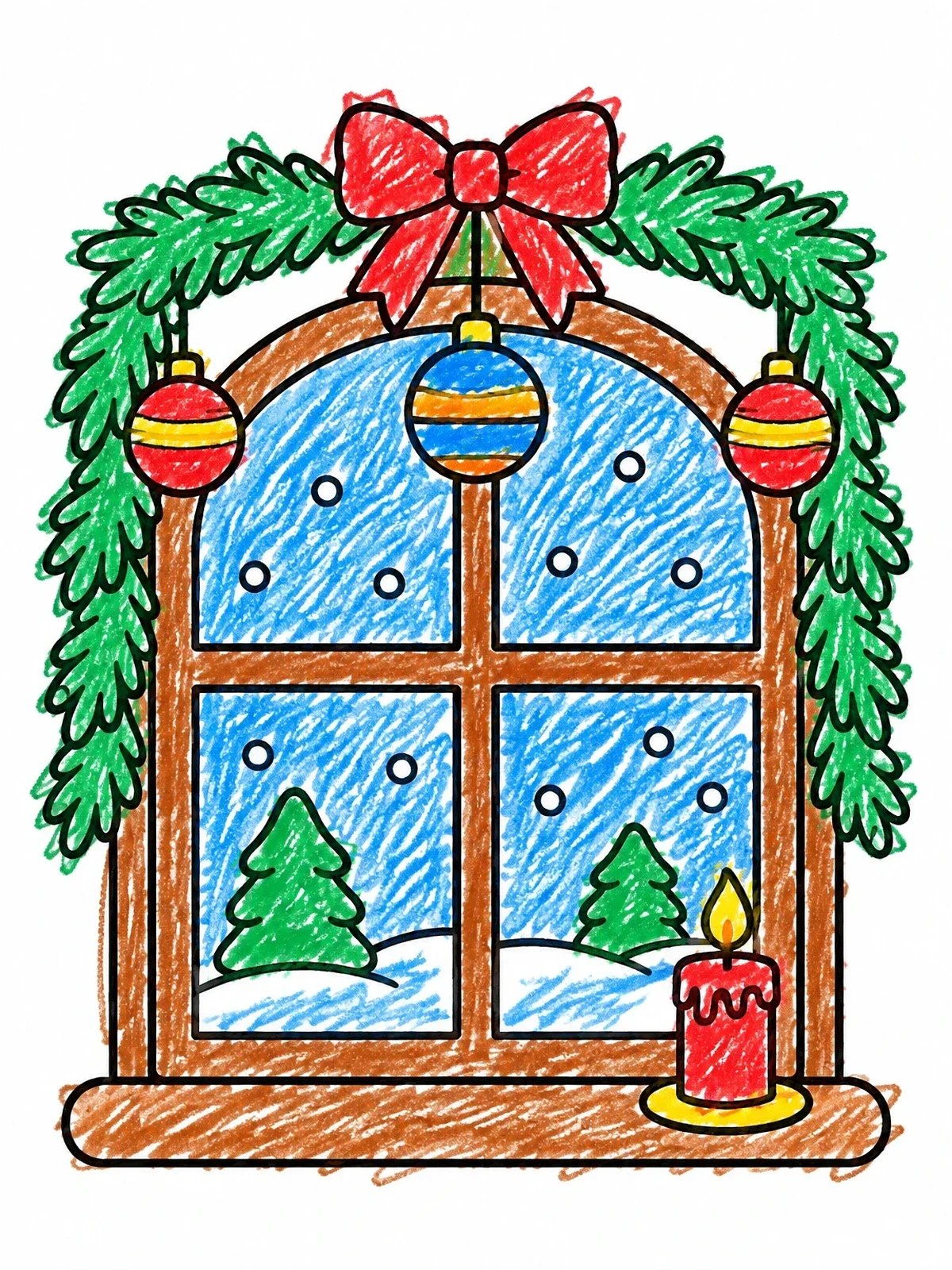 Colored example of the Cozy Christmas Holiday Window coloring page