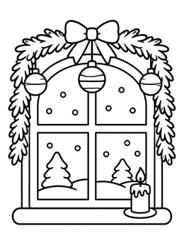 Free printable Cozy Christmas Holiday Window coloring page