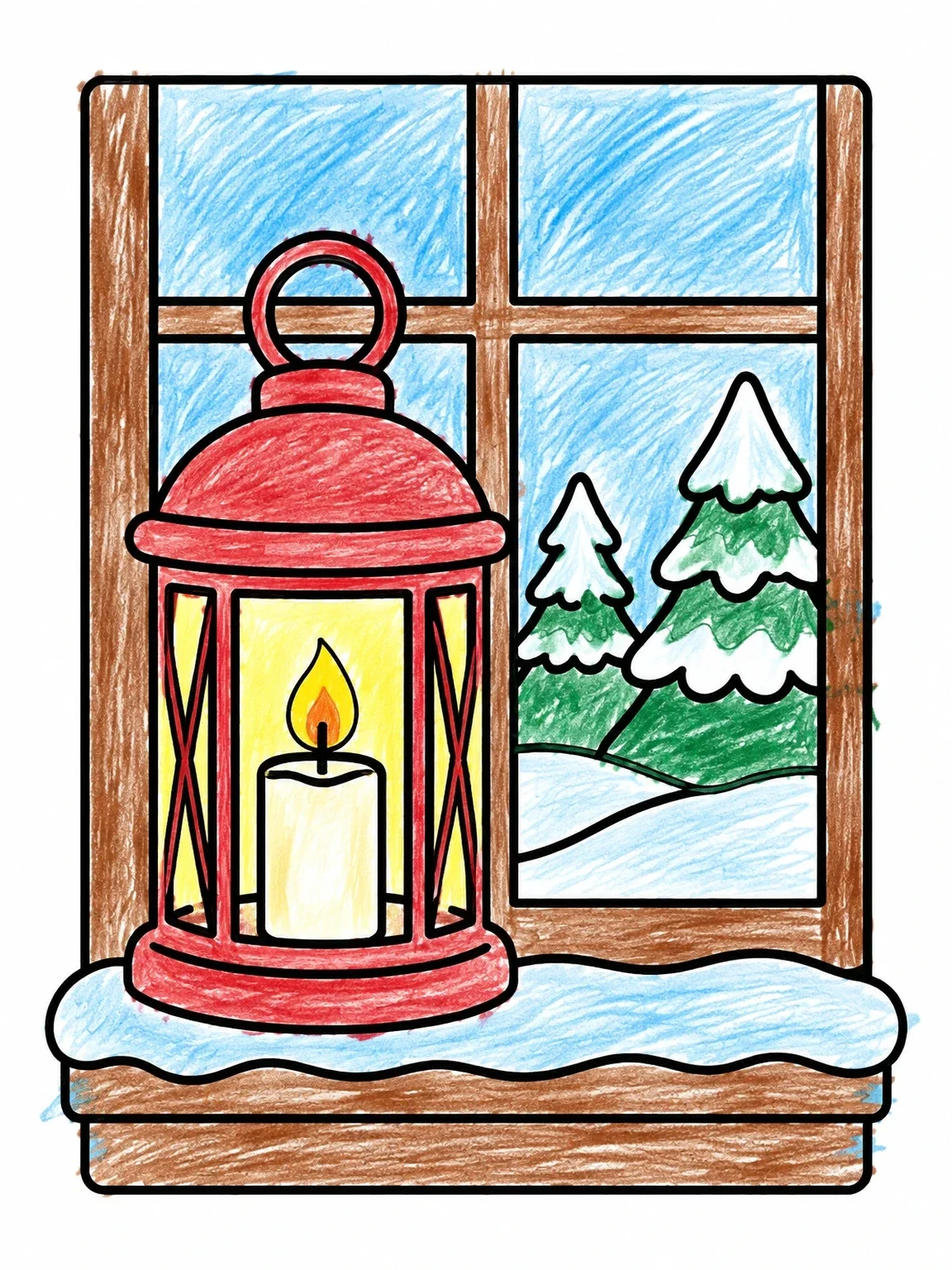 Colored example of the Cozy Christmas Lantern On Snowy Sill coloring page