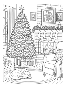A decorated christmas tree coloring page beside a warm fireplace, armchair, and sleeping dog.