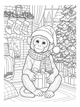 A cute christmas monkey coloring page featuring a monkey in a Santa hat holding a wrapped present by the fireplace.