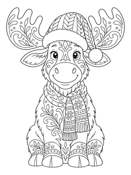 A detailed christmas moose coloring page featuring a smiling reindeer or moose in a winter hat and scarf.
