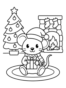 Free printable Cozy Christmas Mouse By The Fireplace coloring page