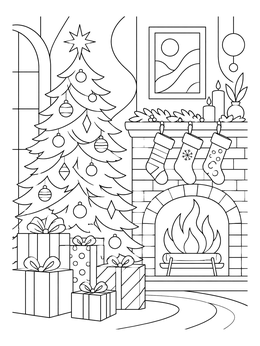 A festive christmas tree coloring page with a fireplace, stockings, and wrapped gifts.