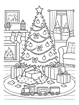 Detailed christmas tree coloring page with presents, fireplace, and a toy train.
