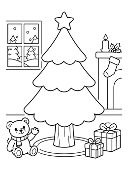 A simple christmas tree coloring page with a cute teddy bear, gifts, and a fireplace.