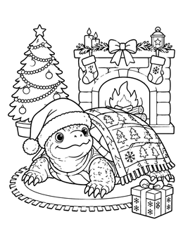 A cute christmas turtle coloring page with a festive blanket by a cozy fireplace.