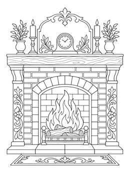 An ornate brick fireplace coloring page decorated with candles, plants, and a vintage mantel clock.