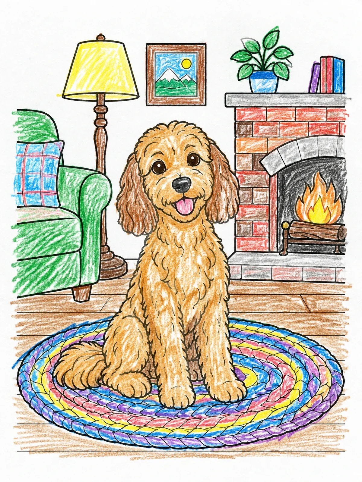 Colored example of the Cozy Cockapoo By The Fireplace coloring page