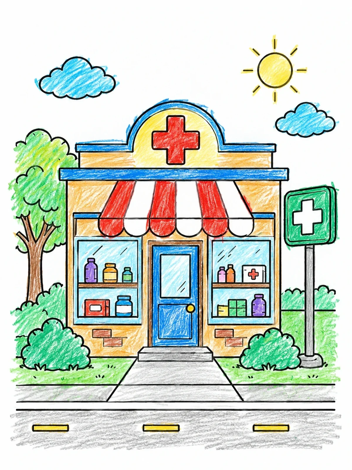 Colored example of the Cozy Community Pharmacy Building coloring page