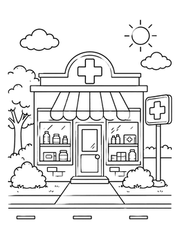 Free printable Cozy Community Pharmacy Building coloring page