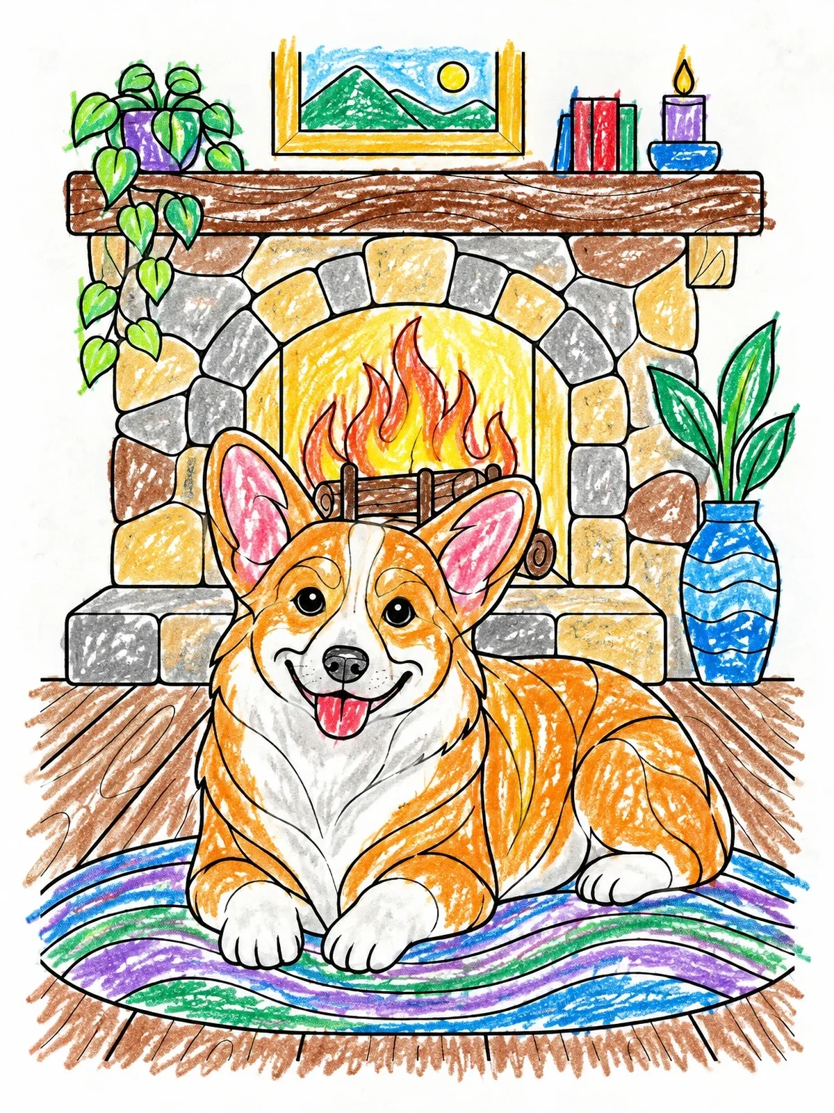 Colored example of the Cozy Corgi By The Fireplace coloring page