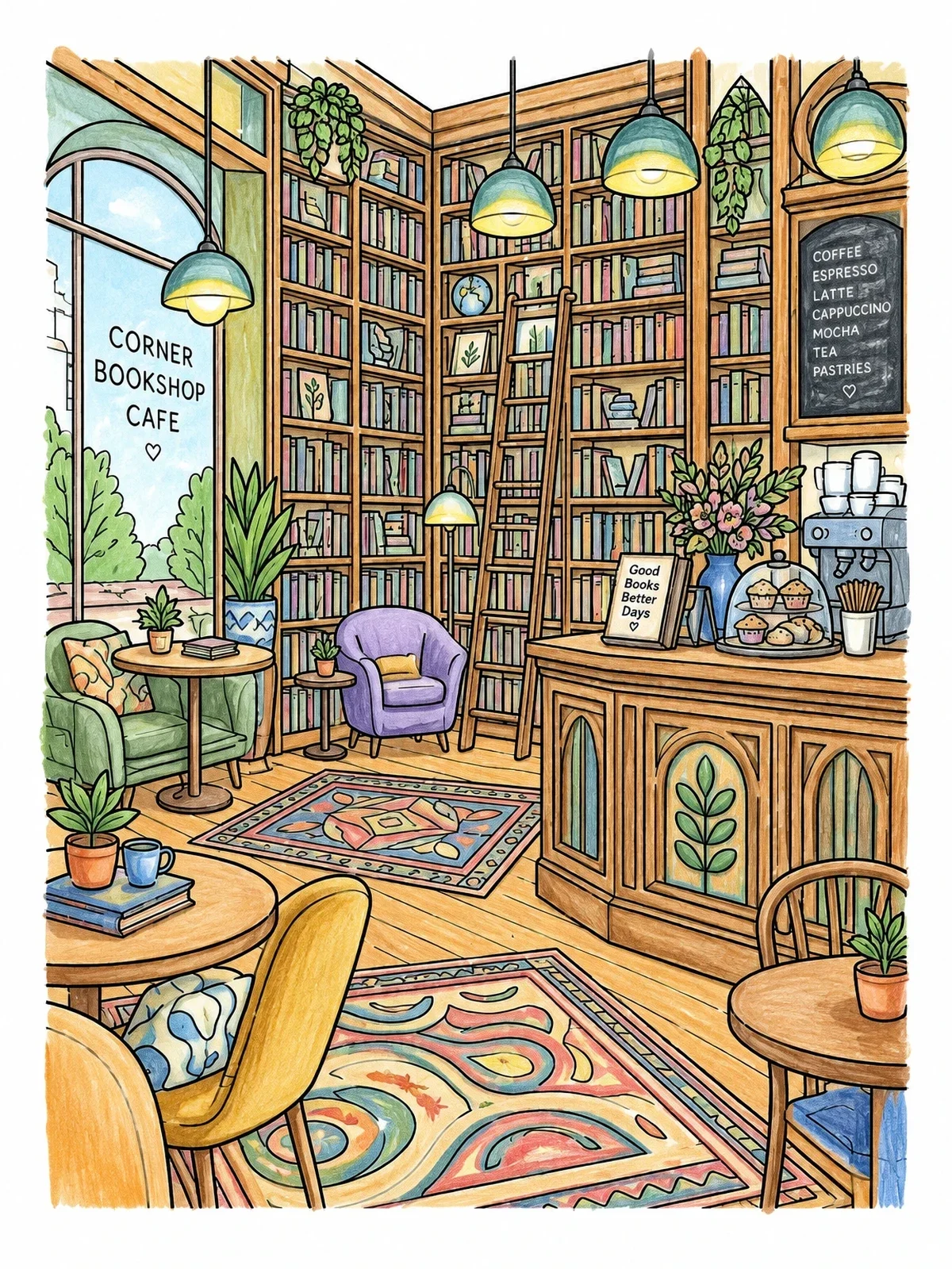 Colored example of the Cozy Corner Bookshop Cafe coloring page
