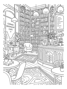 Free printable Cozy Corner Bookshop Cafe coloring page