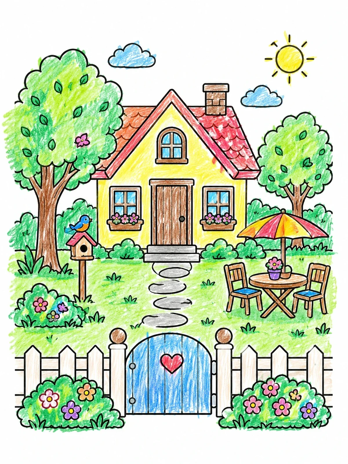 Colored example of the Cozy Cottage Backyard With Garden Gate coloring page