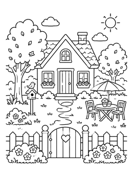 Free printable Cozy Cottage Backyard With Garden Gate coloring page