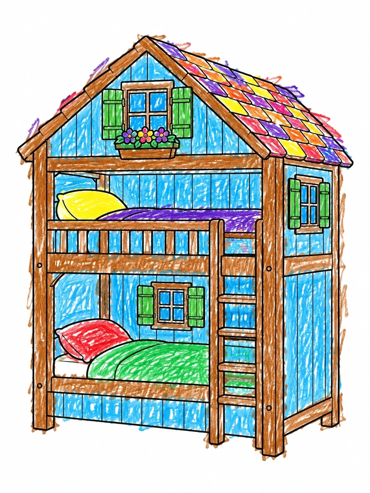 Colored example of the Cozy Cottage Playhouse Bunk Bed coloring page