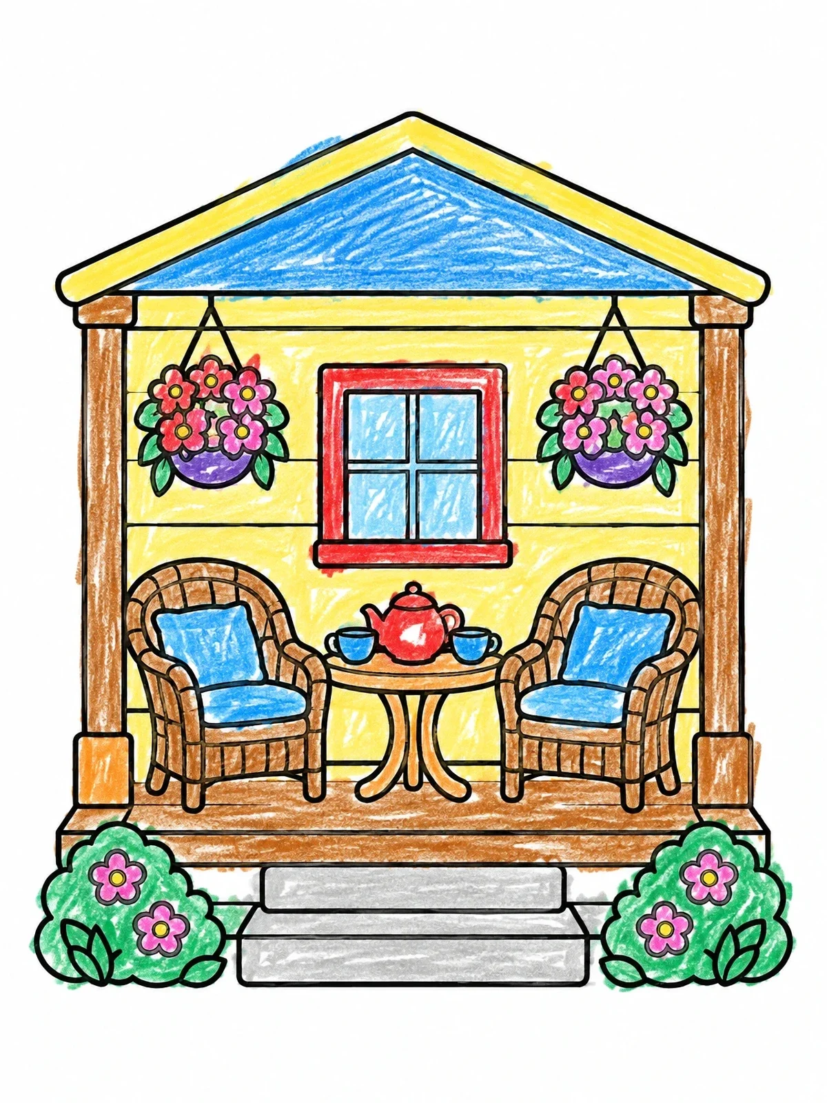 Colored example of the Cozy Cottage Porch With Tea Table coloring page