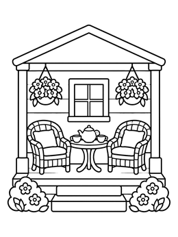 Free printable Cozy Cottage Porch With Tea Table coloring page