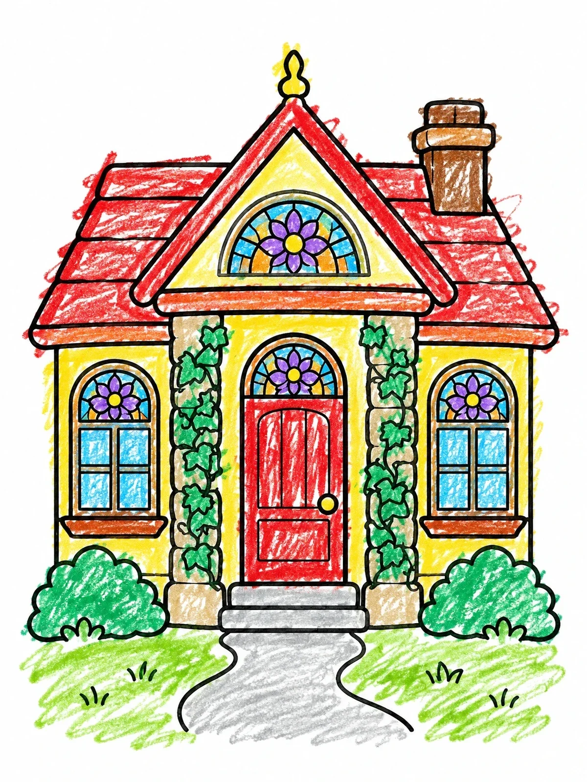 Colored example of the Cozy Country Victorian Cottage coloring page