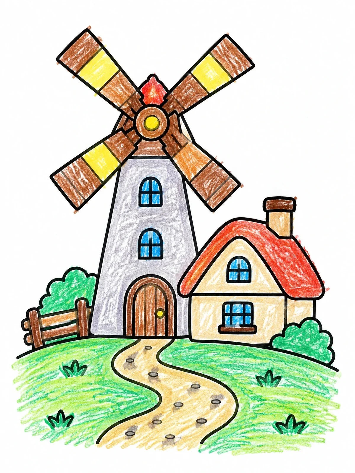 Colored example of the Cozy Country Windmill And Cottage coloring page