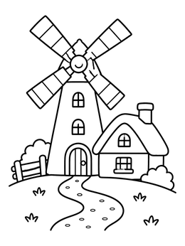 Free printable Cozy Country Windmill And Cottage coloring page