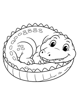 A cute crocodile coloring page showing a baby reptile curled into a circle with a happy grin.