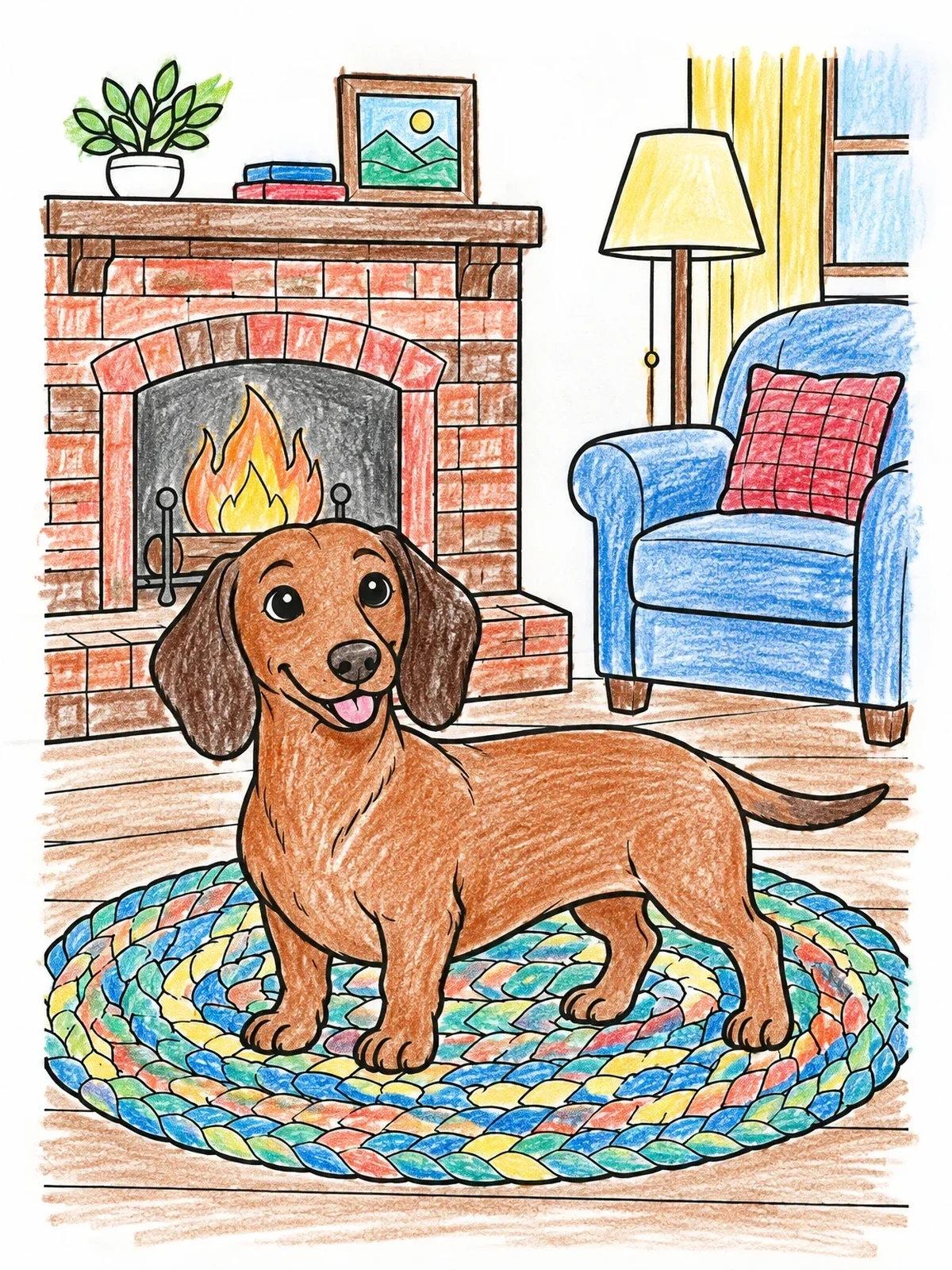 Colored example of the Cozy Dachshund By The Fireplace coloring page