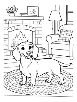 Free printable Cozy Dachshund By The Fireplace coloring page