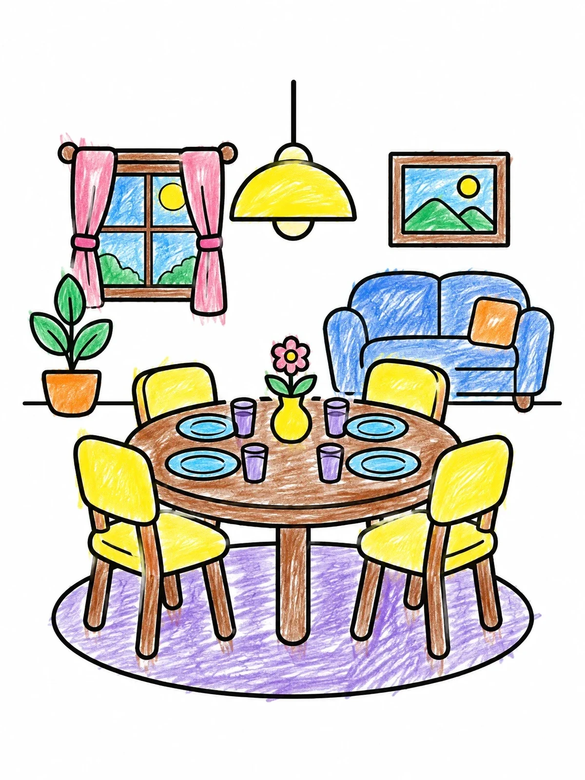 Colored example of the Cozy Dining Room With Round Table coloring page
