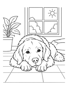 A peaceful retriever puppy rests indoors in this sunbeam coloring page.