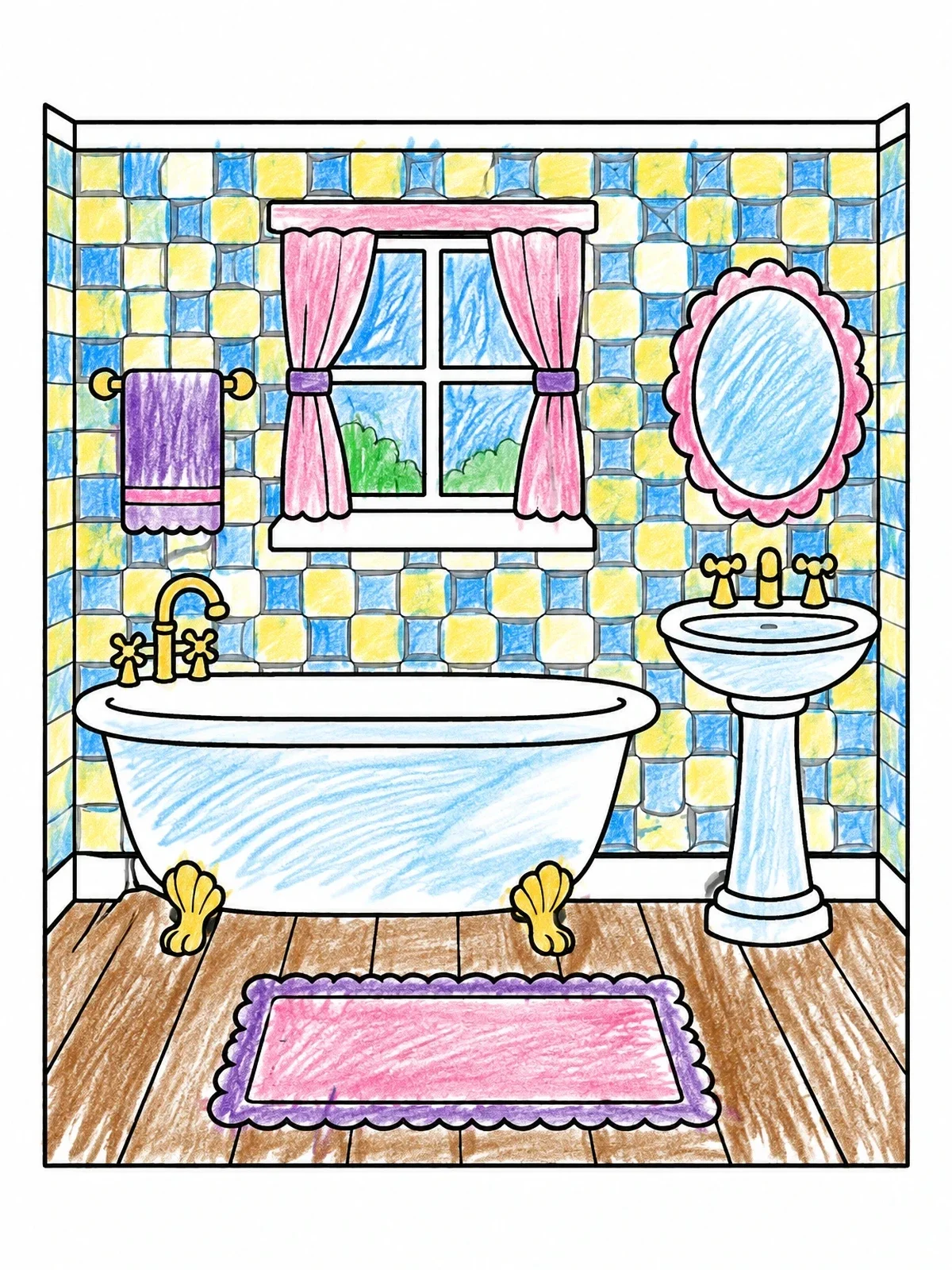 Colored example of the Cozy Dollhouse Bathroom coloring page