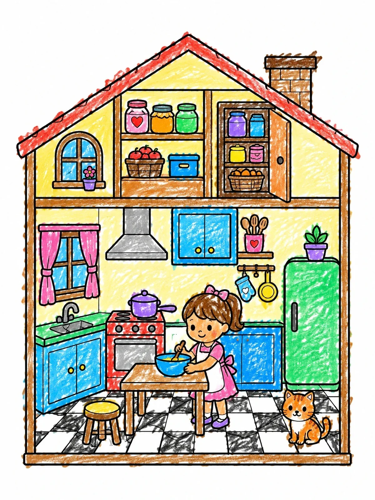 Colored example of the Cozy Dollhouse Kitchen Scene coloring page