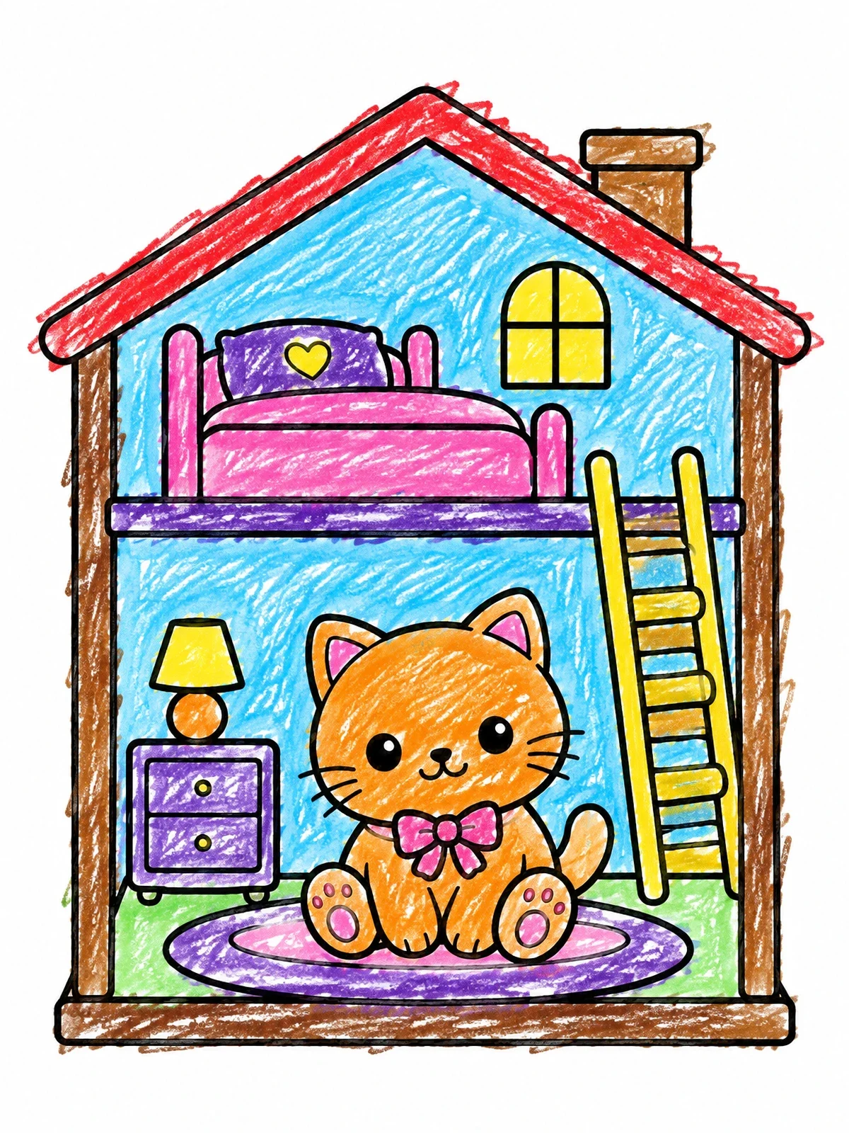 Colored example of the Cozy Dollhouse Loft Bedroom With Kitten coloring page