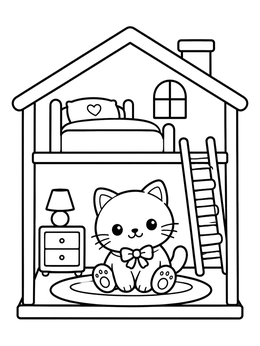 Free printable Cozy Dollhouse Loft Bedroom With Kitten coloring page