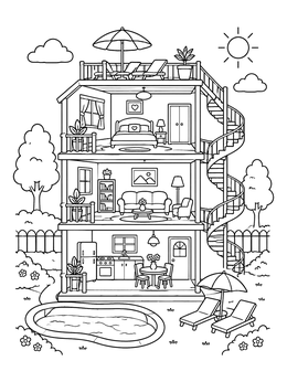 A house coloring page showing a three-story dollhouse with furnished rooms, spiral stairs, and a pool.