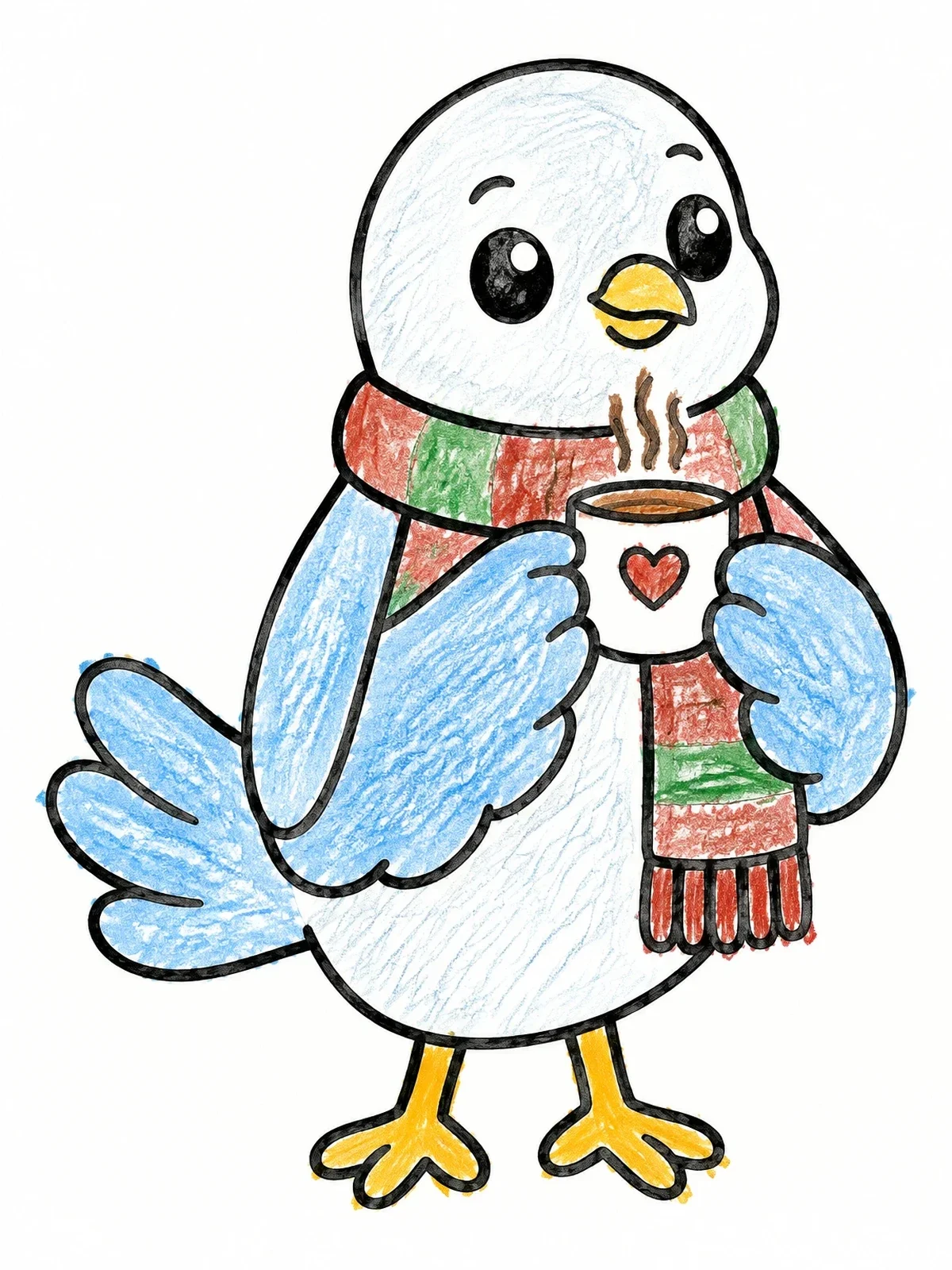 Colored example of the Cozy Dove With Warm Tea coloring page